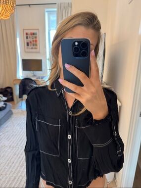 Anthropologie Black Button-Front Blouse with White Topstitching